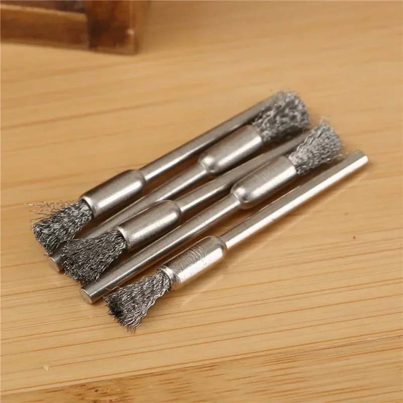 5/10pcs Pencil Brushes Stainless Steel Mounted Wire Wheel Mandrel Set Dremel Accessory Rotary Tools 3.17mm Shank Mandrel Silver