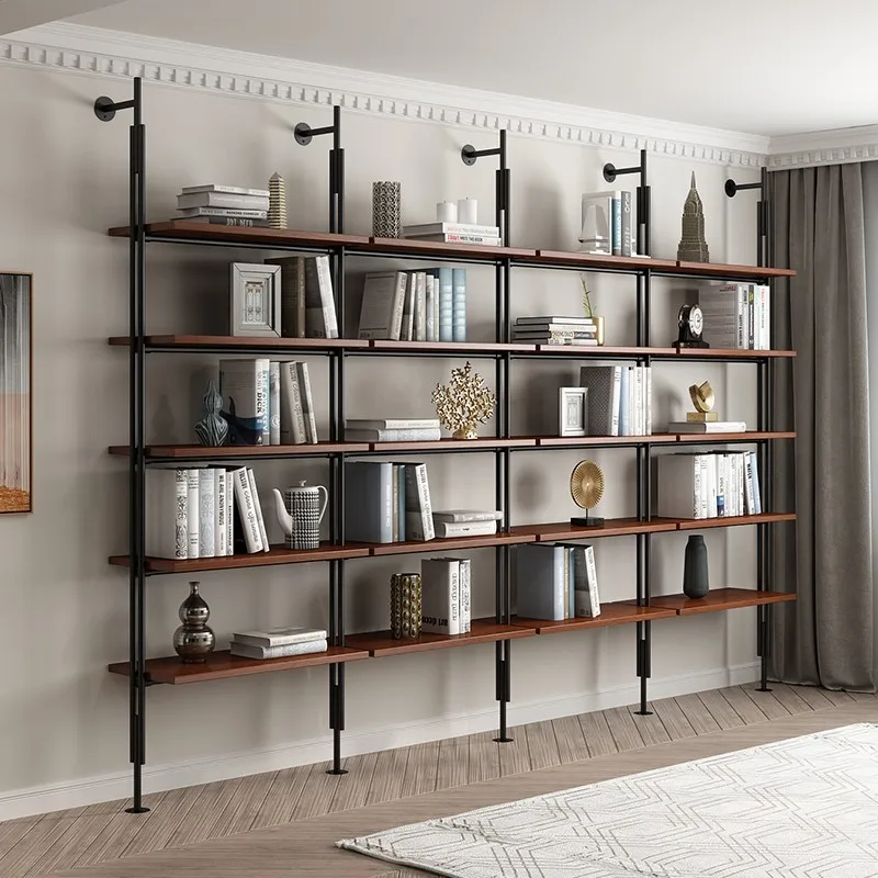 

Wrought iron bookshelf wall-mounted Internet celebrity solid wood multi-layer living room wall-mounted simple shelf floor-to-cei