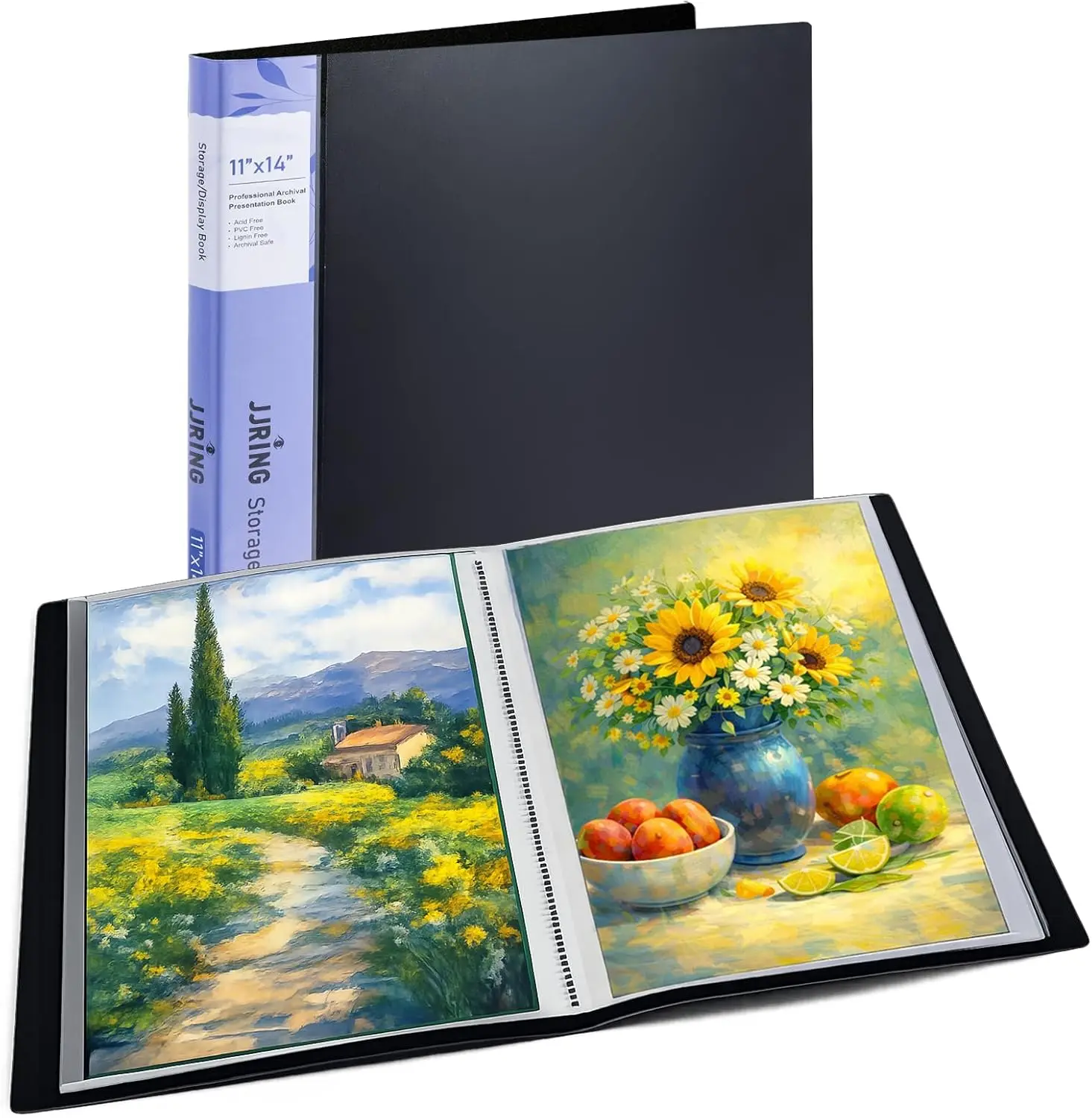 

Папка-портфолио для художественных работ 11x14 с пластиковыми карманами, 24-карманный биндер на 48 страниц, черная внутренняя бумага для хранения произведений искусства