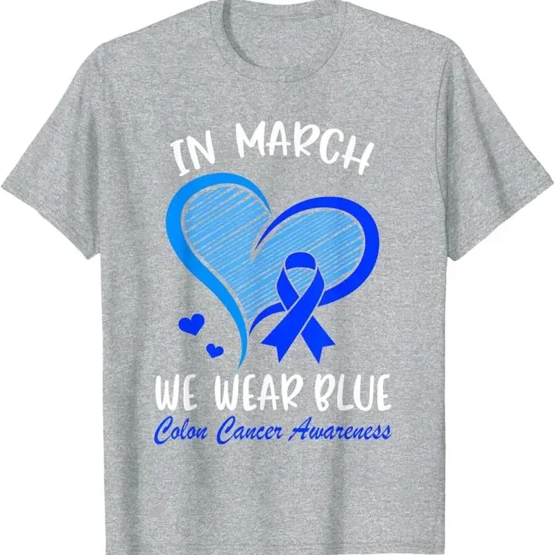 

Colon Cancer Awareness In March We Wear Blue Heart Graphic Tee Soft Breathable Crewneck T-Shirt