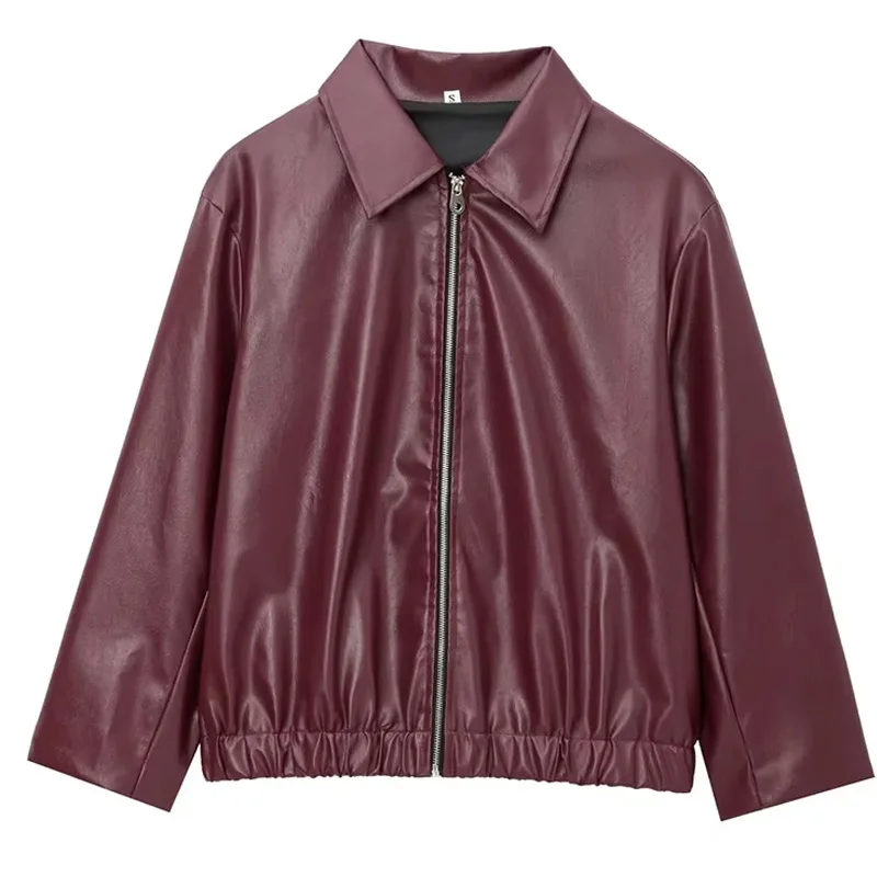 Veste courte en cuir Chic pour femme, Style américain, Vintage, bordeaux uni, rouge, fermeture éclair, manches longues, automne 2024