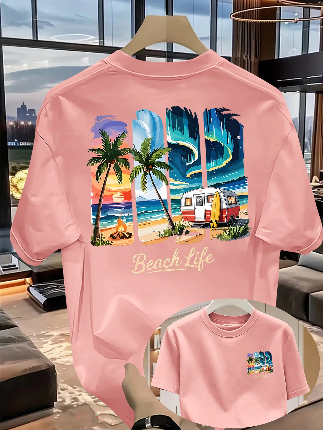 2026 Herren Sommer Strand T-Shirt 100% Baumwolle „Beach Life“ Palmen- und Wohnmobil-Print Damen Freizeit-Urlaubs-Top – Detail 6