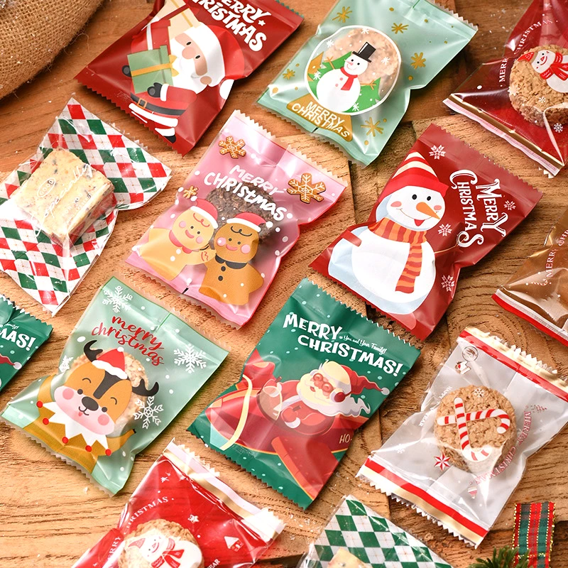 100pcs Christmas Nougat Packaging Bags Xmas New Year Party Santa Nougat Cookie Snowflake Pastry Plastic Pouch Christmas Supplies