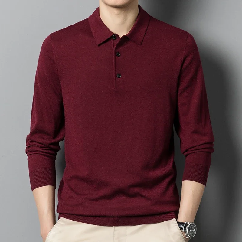 

Men's Autumn Long-Sleeved Wool Blend Solid Color Polo Pullover Sweater with Lapel, Casual Bottoming Sweater -Sizes M-4XL