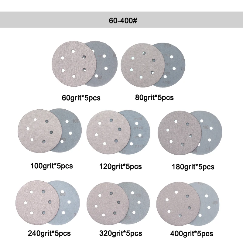 6 Inch Hook and Loop Sandpaper 6 Hole 40 Pcs Sanding Paper Assorted 60/80/100/120/180/240/320/400 Grits for Polishing Metal Wood
