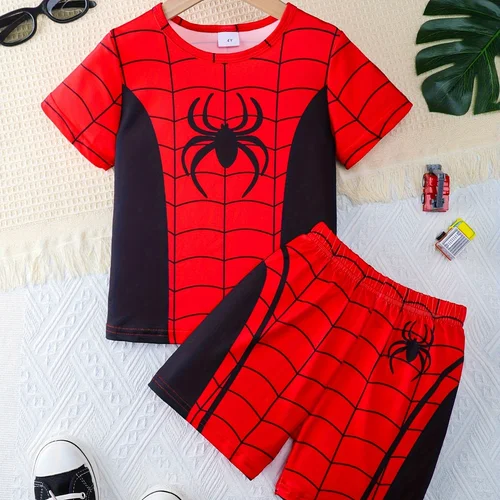 소년 캐주얼 레드 스파이더 프린트 다목적 반팔 티셔츠 및 반바지 세트, 시원하고 가벼우며 편안한 여름 옷, 2 개 