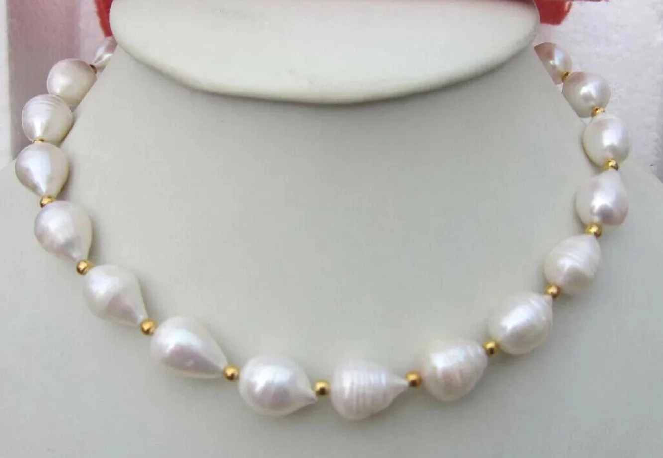 sturdy Top Grading AAAA huge 9x12mm White Baroque Natural South Sea Pearl Necklace 14K gold buckle 18