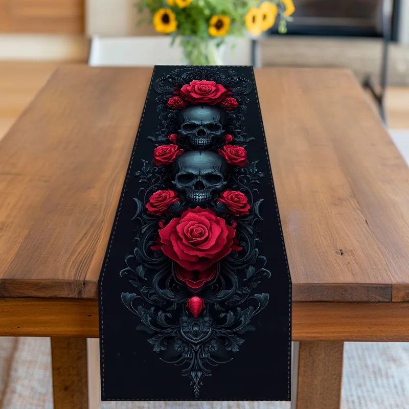1 morceau de drapeau de table à thème de rose de crâne de style gothique, motif en relief de crâne foncé et de rose rouge, adapté aux fêtes à thème gothiques, fêtes de musique en métal lourd, cafés de style sombre, décorations d'Halloween, B&Bs de style punk, studios de tatouage, salons de culture de niche pour contenant des éléments fonctionnalités d'ambiance individuelles