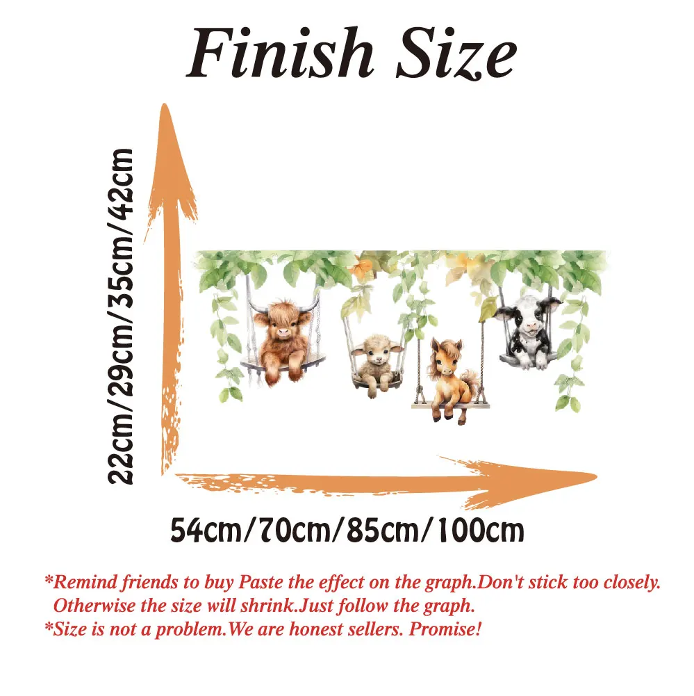 Cartoon Farm Animals on Swing Wall Stickers Bedroom Playroom Horse Cow Sheep Leaves Wall Decals Baby Nursery Home Decor