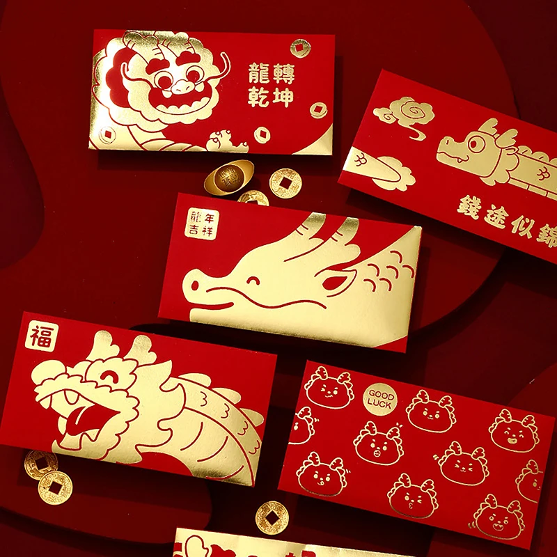 Envelopes vermelhos com sacola de presente dos desenhos animados, pacotes de dinheiro da sorte, ano novo e festival da primavera, sorte e hongbao, dragão bonito, 6 unid, 2024