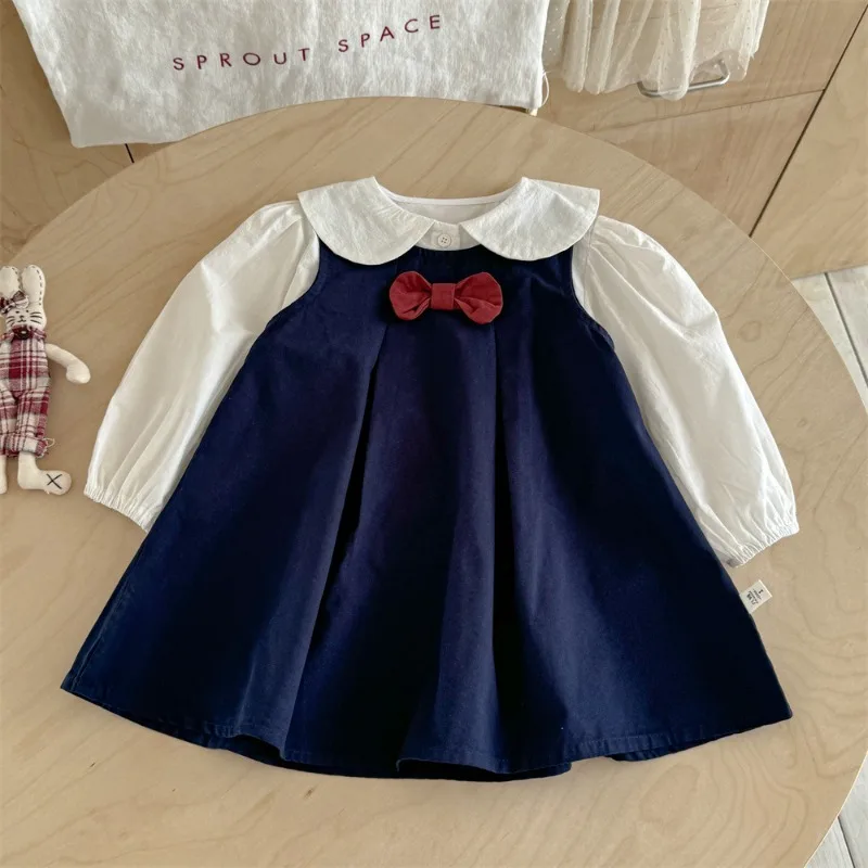 

Girls Dress Set Autumn New Long Sleeve Childrens Bow Strap Skirt Baby College Style Fashion Princess Skirt