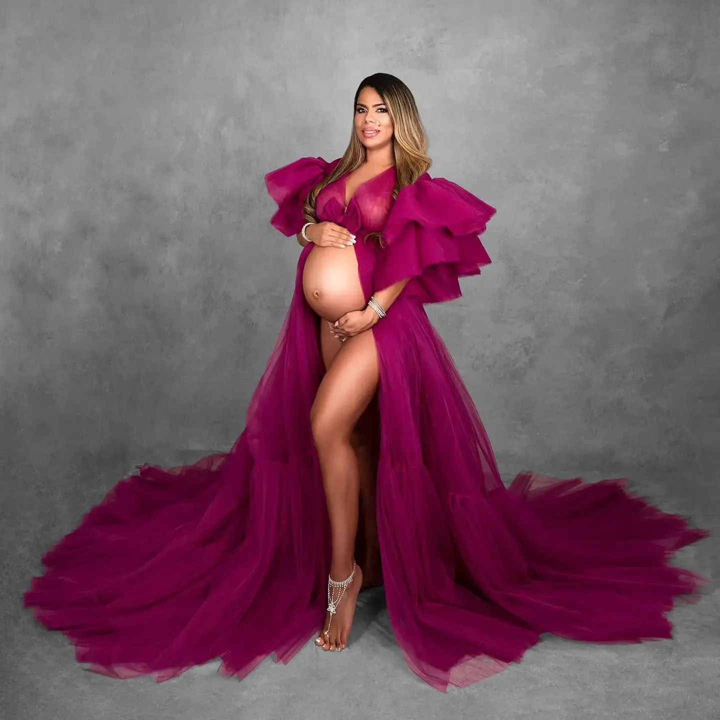

Cap Sleeve Ruffles Prom Dresses Women Tulle Long Maternity Photoshoot Dress A Line Pregnancy Gown for Baby Shower
