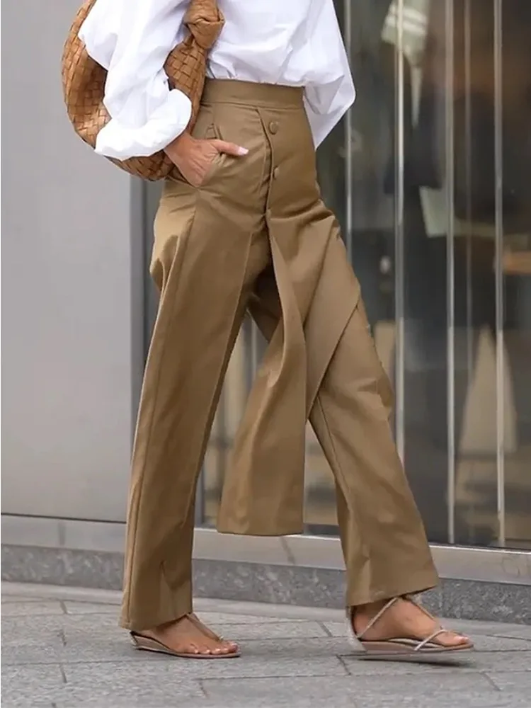 Missuoo-pantalones caqui de cintura alta para mujer, pantalón informal de longitud completa con cremallera lateral, ropa de calle de verano, 2025