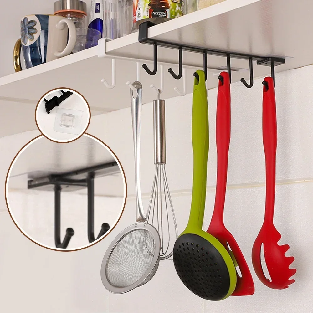 1PC 6 Hook Storage Shelf Wardrobe Cabinet Metal Under Shelves Mug Cup Hanger Bathroom Kitchen Tool Organizer Hanging Rack Holder