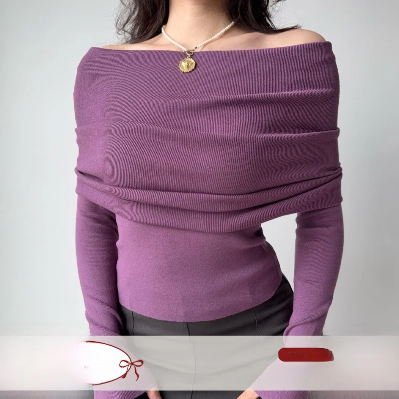 Go Girl Go Sexy One-Shoulder Knitted Sweater Women Slimming Purple Sweater Soft Viscose Long Sleeve Crew Neck  Color
