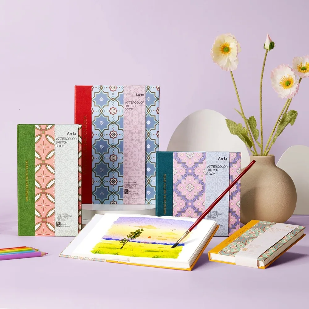 كراسة الرسم بالألوان المائية Arrtx 100% كتيب ألوان مائية خالي من الأحماض القطنية 300 جرام 24 ورقة