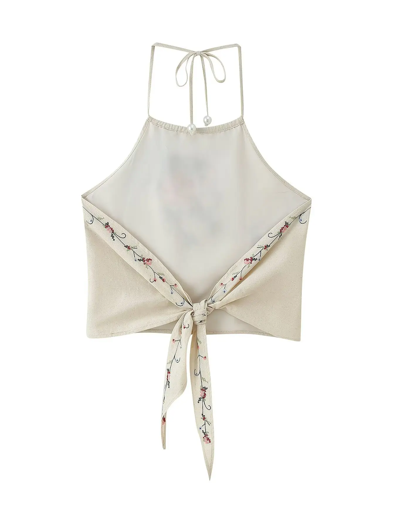 Nieuwe zomercollectie Damesmode Casual Veelzijdige Vintage Halter Hals Bloemen Geborduurde Top met Stropdas aan de achterkant