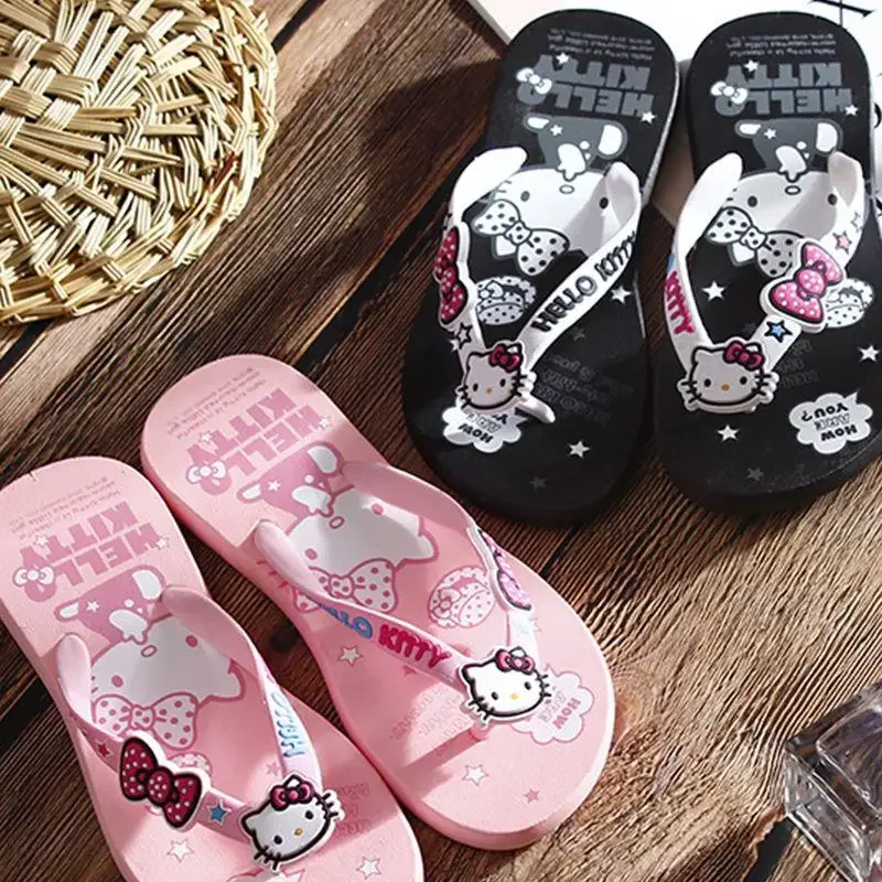 Sanrio Hello Kitty Flip Flops Summer Girls Wearing On The Beach Outside Non Slip Bathroom Soft Bottom Foot Clip Cool Slippers