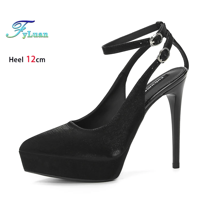 

Black Satin Highheels For Women 8CM 10CM 12CM Stiletto Fashion Platform T Show Sandals Slingback Pointy Ankle Strap Summer Shoes