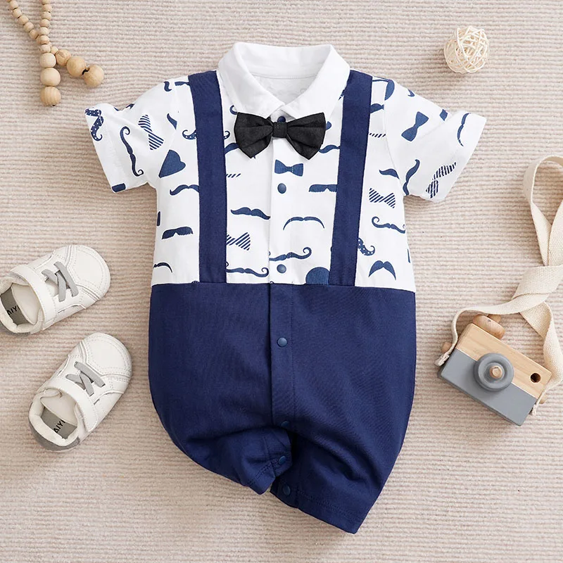 

Newborn Baby Boy Toddler Clothing Jumpsuit Casual Cute Cartoon Fake Shoulder Strap Mustache Summer Blue Short Sleeved Jumpsuit