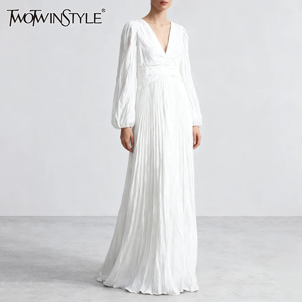

TWOTWINSTYLE однотонные складные минималистичные платья для женщин с v-образным вырезом и длинными рукавами, платье с открытой спиной и высокой талией, женская одежда, новинка