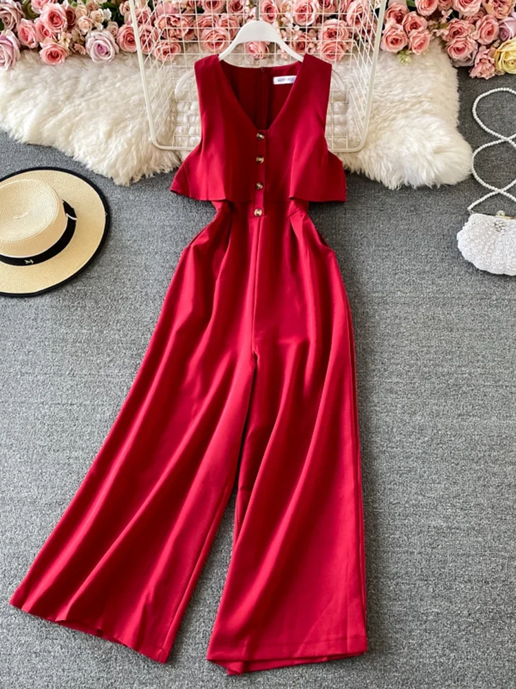 

Summer New Fashion V-neck Jumpsuit Women's Waist Slimming Wide-leg Pants Trousers Jumpsuit Sleeveless C861