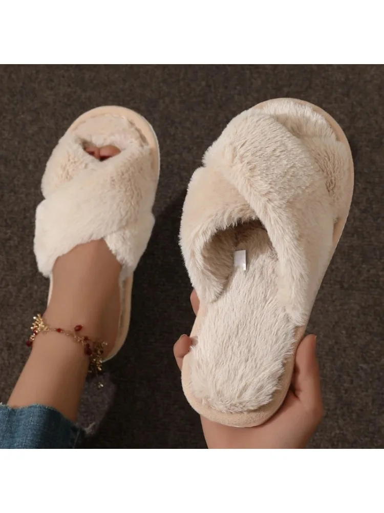 Cross Warm Pluizige Harige Slippers Vrouwen Lichtgewicht Platte Hakken Bont Slides Vrouw Herfst Winter Open Teen Antislip Thuis Vloer Schoenen - afbeelding 2