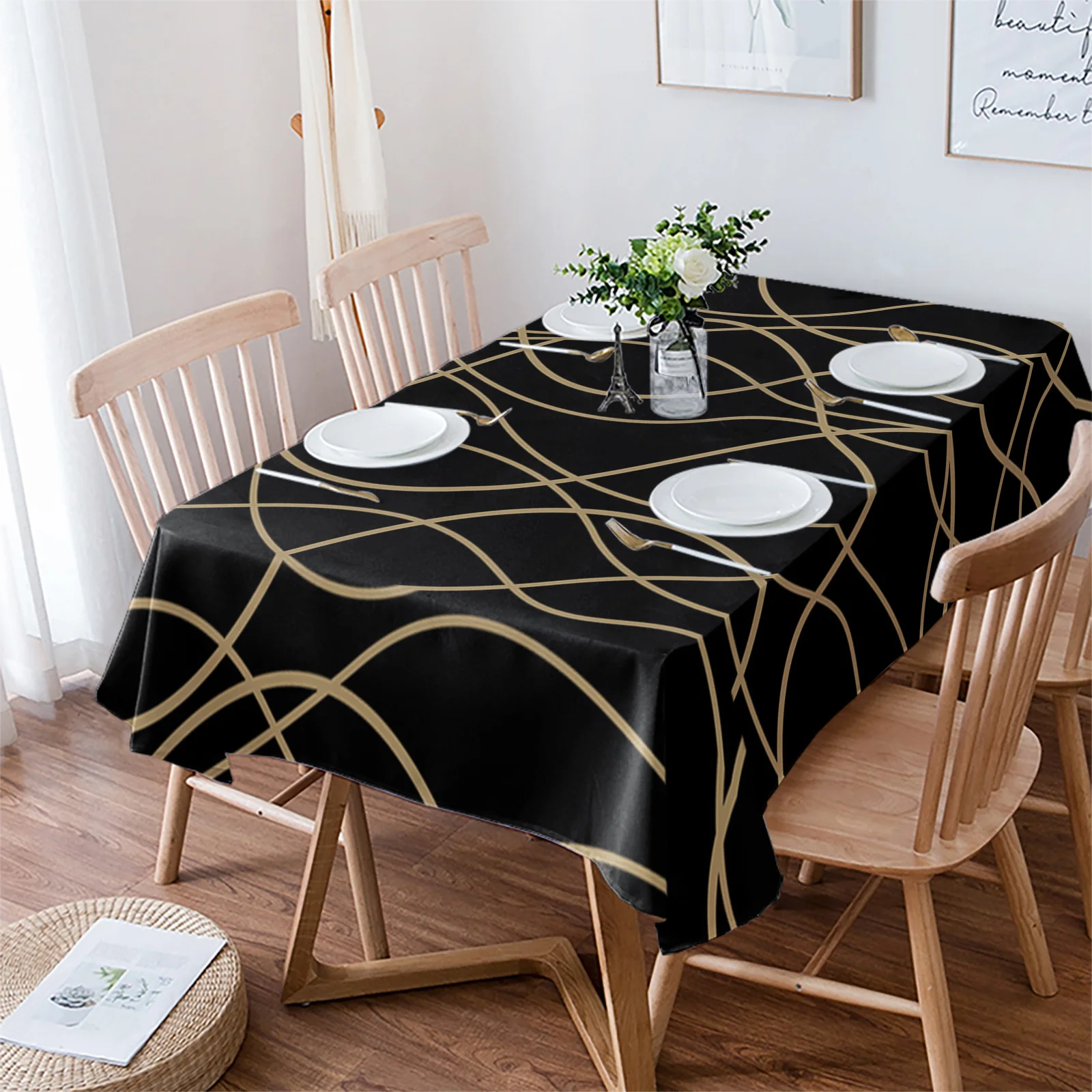 Twisted Lines Art Black Background Wedding Decorative Kitchen Waterproof Tablecloth Gourmet Party Dining Table Cover Cloth