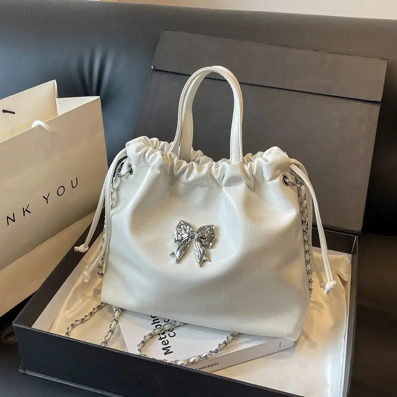 Silver Pleated Bucket Bag for Women Bow Accent Drawstring Handbag with Chain Strap for Daily Travel
