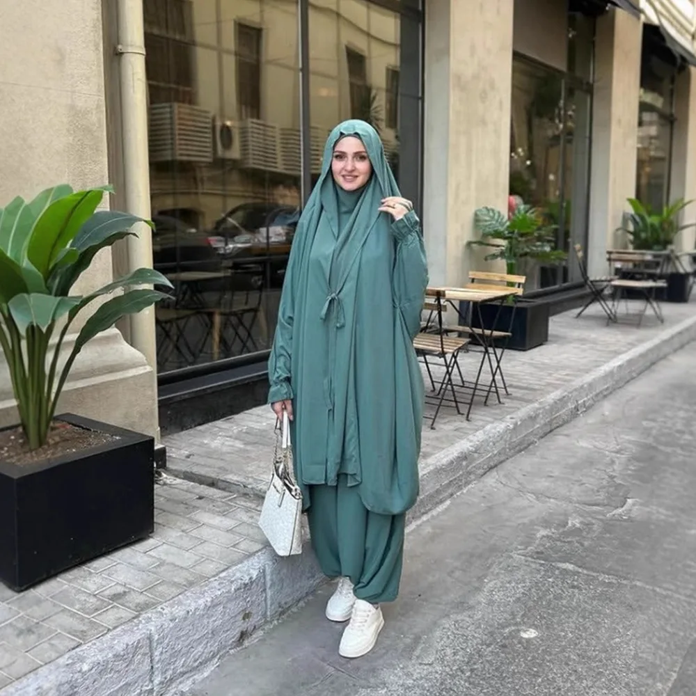 

2 Piece Jalabiya Pants Muslim Women Eid Djellaba Ramadan Prayer Set Khimar Hijab Dress Turkey Kaftan Abaya Burqa Islam Clothing