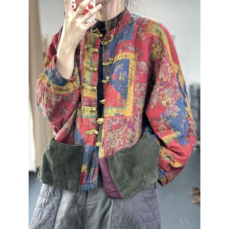 Vintage Harajuku Cotton Jacket Autumn Women's Coat Loose-fit Printed Long-sleeve Cropped Jacket Patchwork Tops Mujer Design
