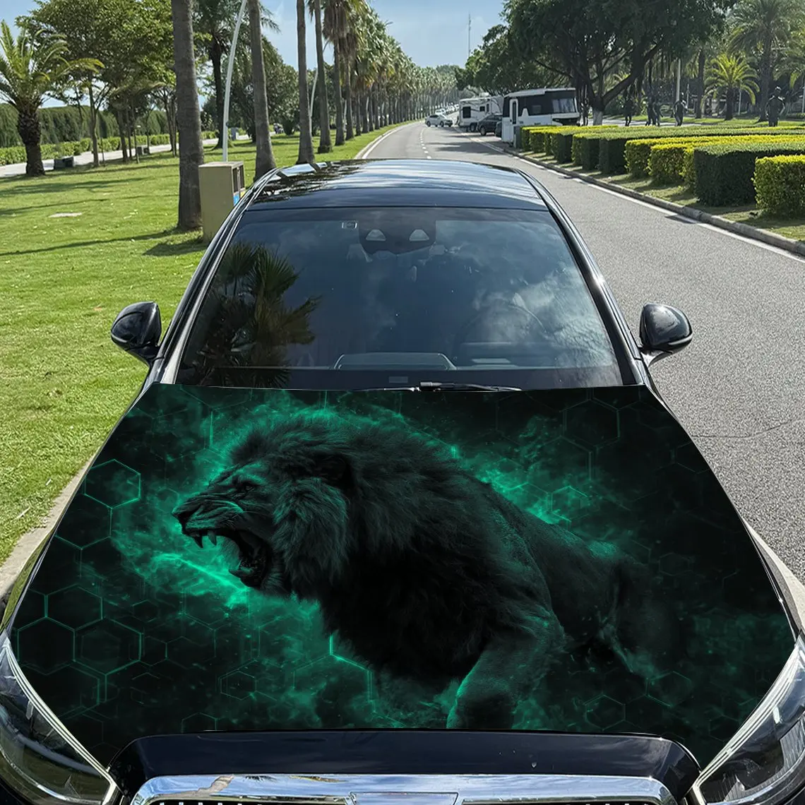 

Green - Glow Sci - Fi Lion Car Vinyl Wrap, PVC Material Waterproof Car Hood Sticker, Self-Adhesive Scratch-Resistant Stickers fo