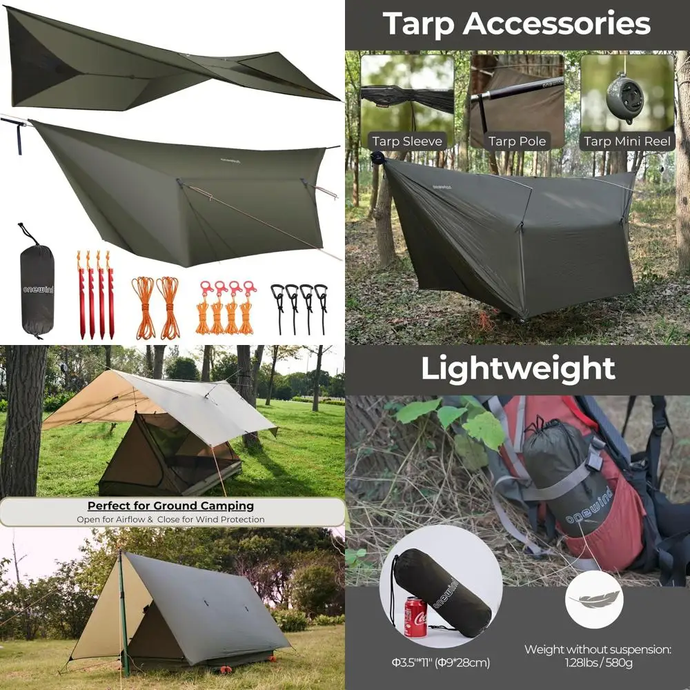 

Ultralight Waterproof Silnylon Hammock Tarp for Camping, 12x10 ft, with Doors, Easy Setup, OD Green