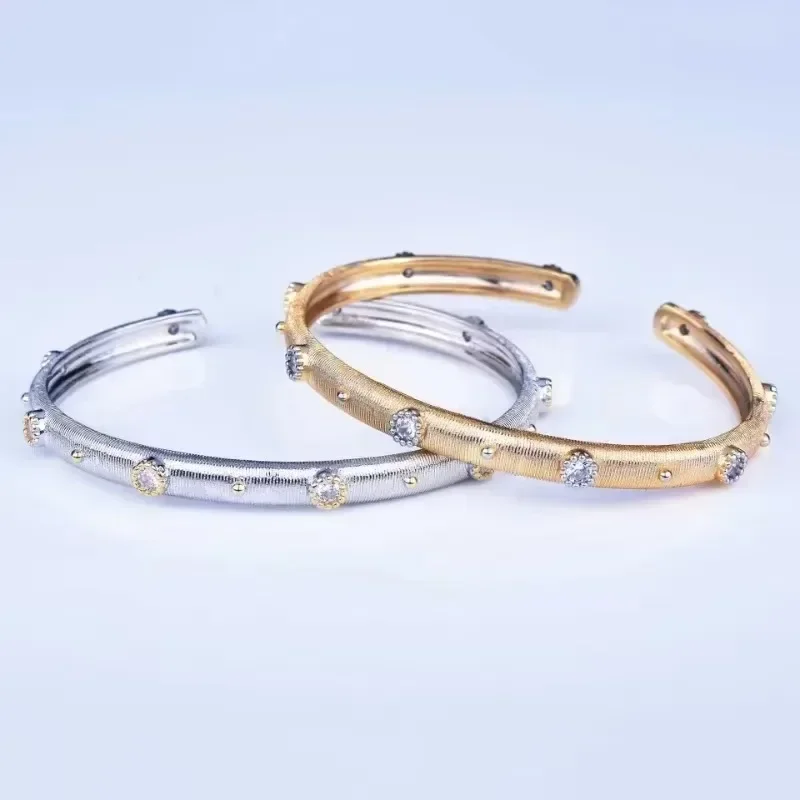 Handmade Brushed Craft Retro Court Style Elegant Fashion Two-color Electroplating High Carbon Diamond Bracelet