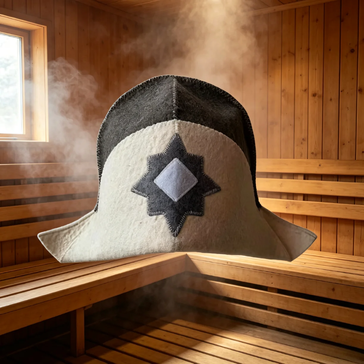 Two-tone Wool Felt Sauna Hat Eight-pointed Star Patch Decor Heat Insulation Russian Banya Steam Bath Spa Cap