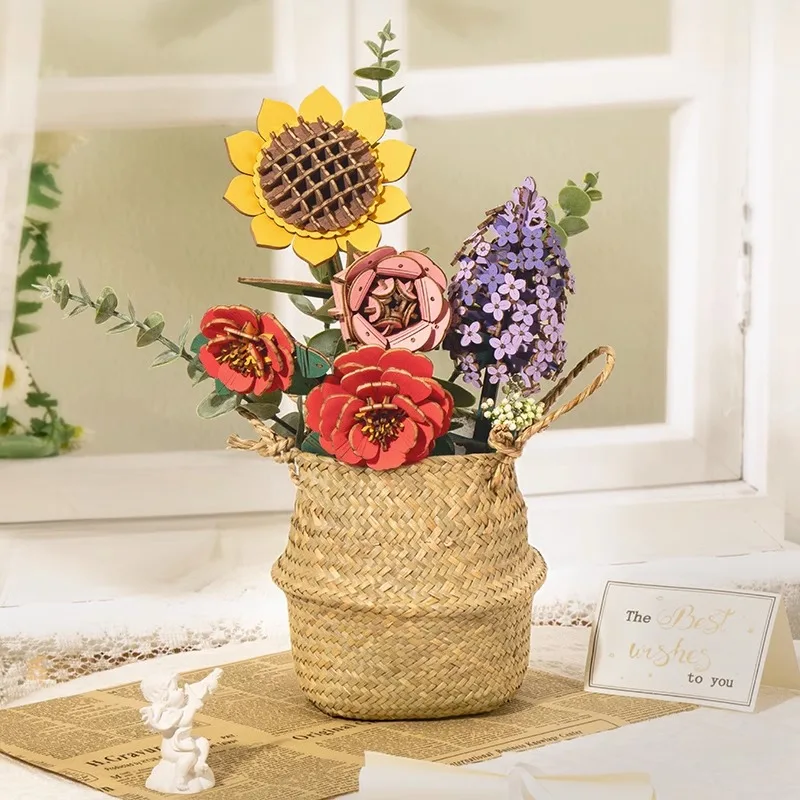 Ramo de flores de madera 3D DIY, hermoso rompecabezas de madera para decoración de novias, regalos hechos a mano, materiales para amigos ecológicos