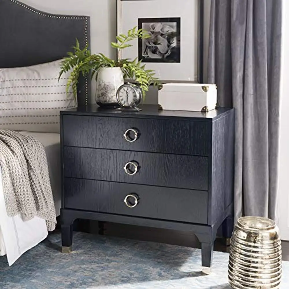 Contemporary Wooden 3 Drawer Nightstand Navy Blue Organizer Bedroom Storage Home Collection Lorna