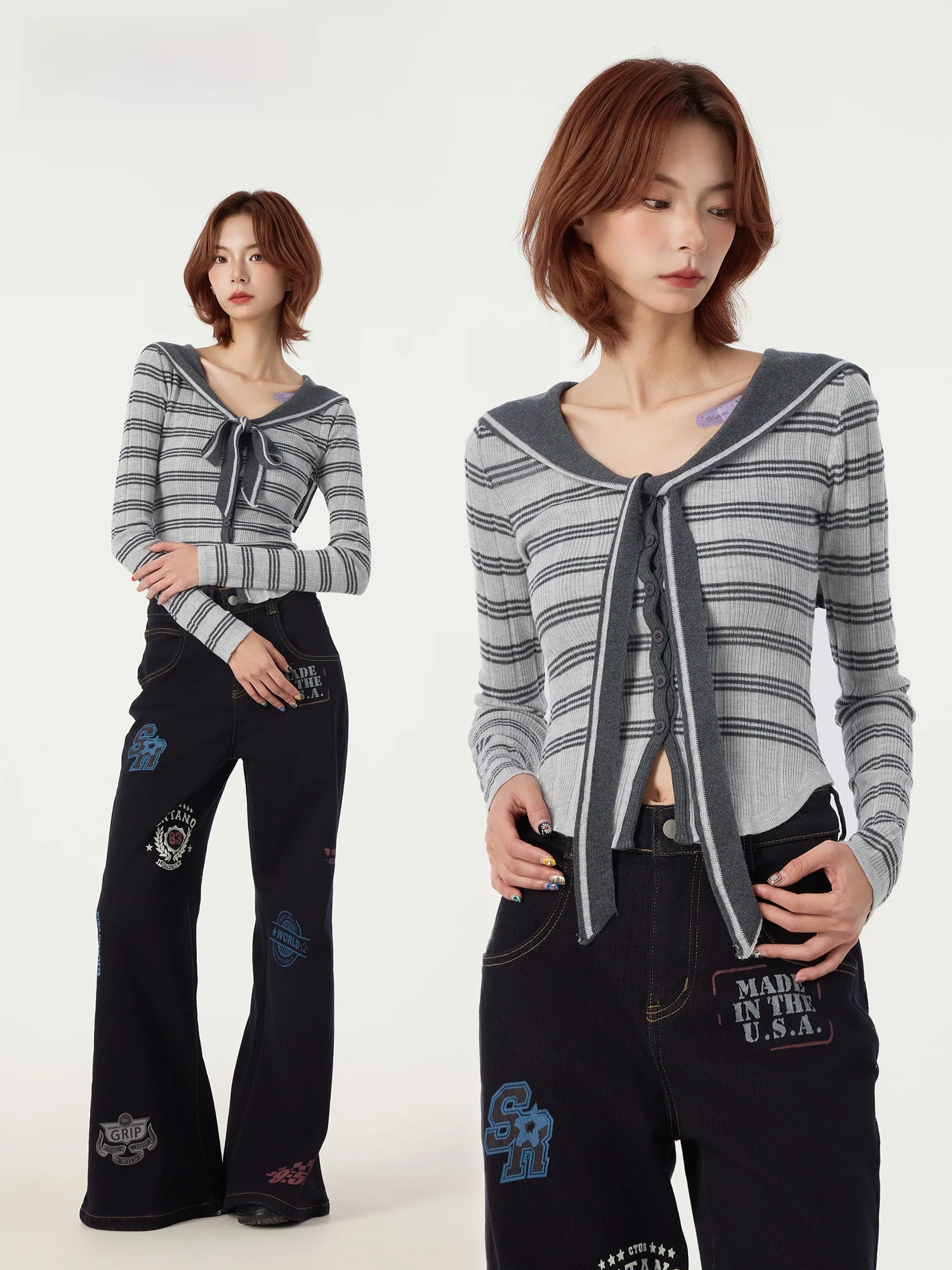 

ay полосатый открытый кардиган с темно-синим воротником, женский облегающий пуловер, длинный све, топ с завязкой на талии для колледжа, зимнее новое поступление