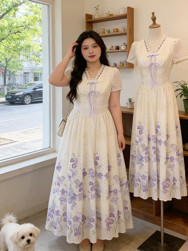 

plus Size Lace V-Neck Short Sleeve Floral Print Slimming Waist Dress Korean Style Commute Low Waist A-Line Skirt Summer New