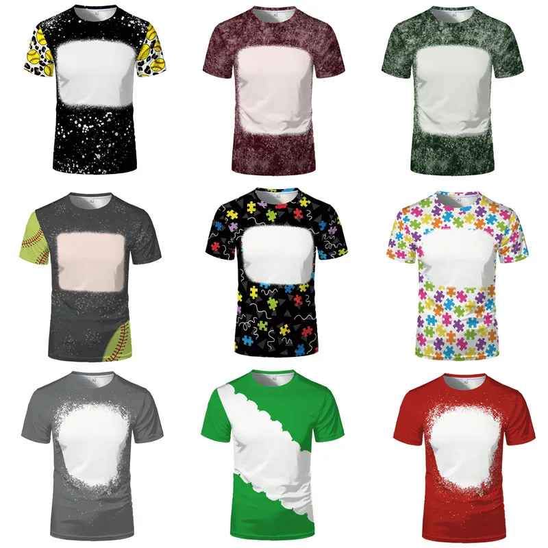 Sublimation Blank 100% Polyester T-shirts Men Woven Unisex Round Neck Short Sleeve Faux Bleached  Summer Clothing for Diy Logo