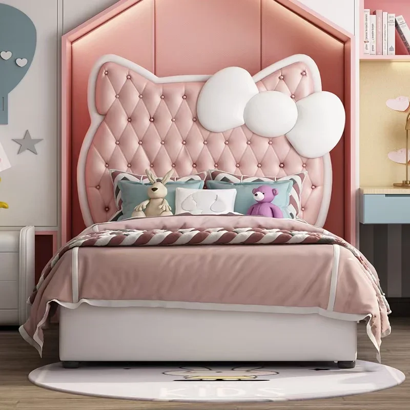 Modern eenpersoonsbed Houten frame lederen hoofdeinde Schattig roze kleur kinderbed prinses designmeubilair kinderbed voor slaapkamer