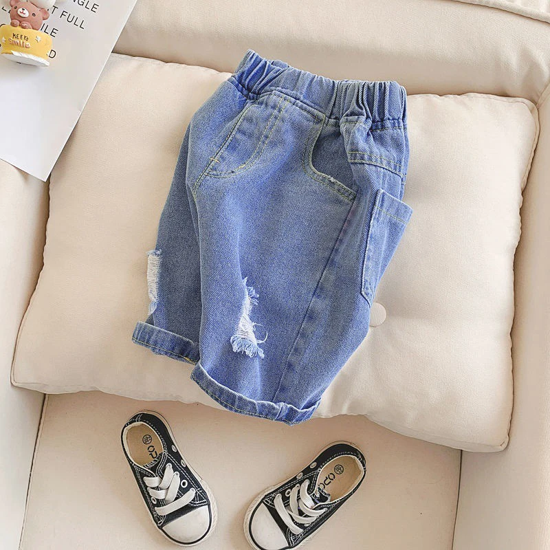 IENENS Fashion Hole Jeans Shorts Boys Casual Short Pants Baby Loose Beach Shorts Summer Kids Clothes Solid Color Wash Jeans