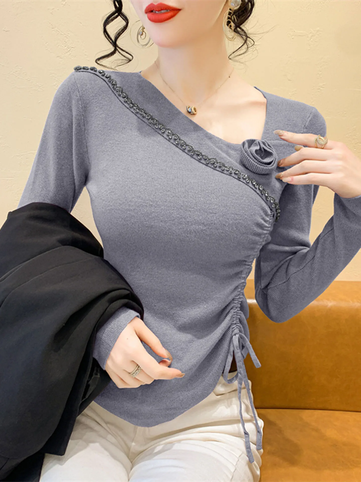 المرأة الخريف الشتاء متماسكة سترة غير النظامية الخصر البلوز القمم بلوزة تونك عادية #5