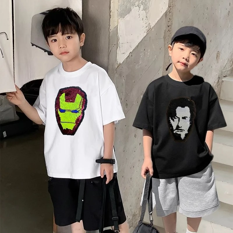 

Boys' Sequin Color-Changing Spider-Man Cotton Short Sleeve T-Shirt, Kids Summer New Pullover Base Layer Top Casual Wear