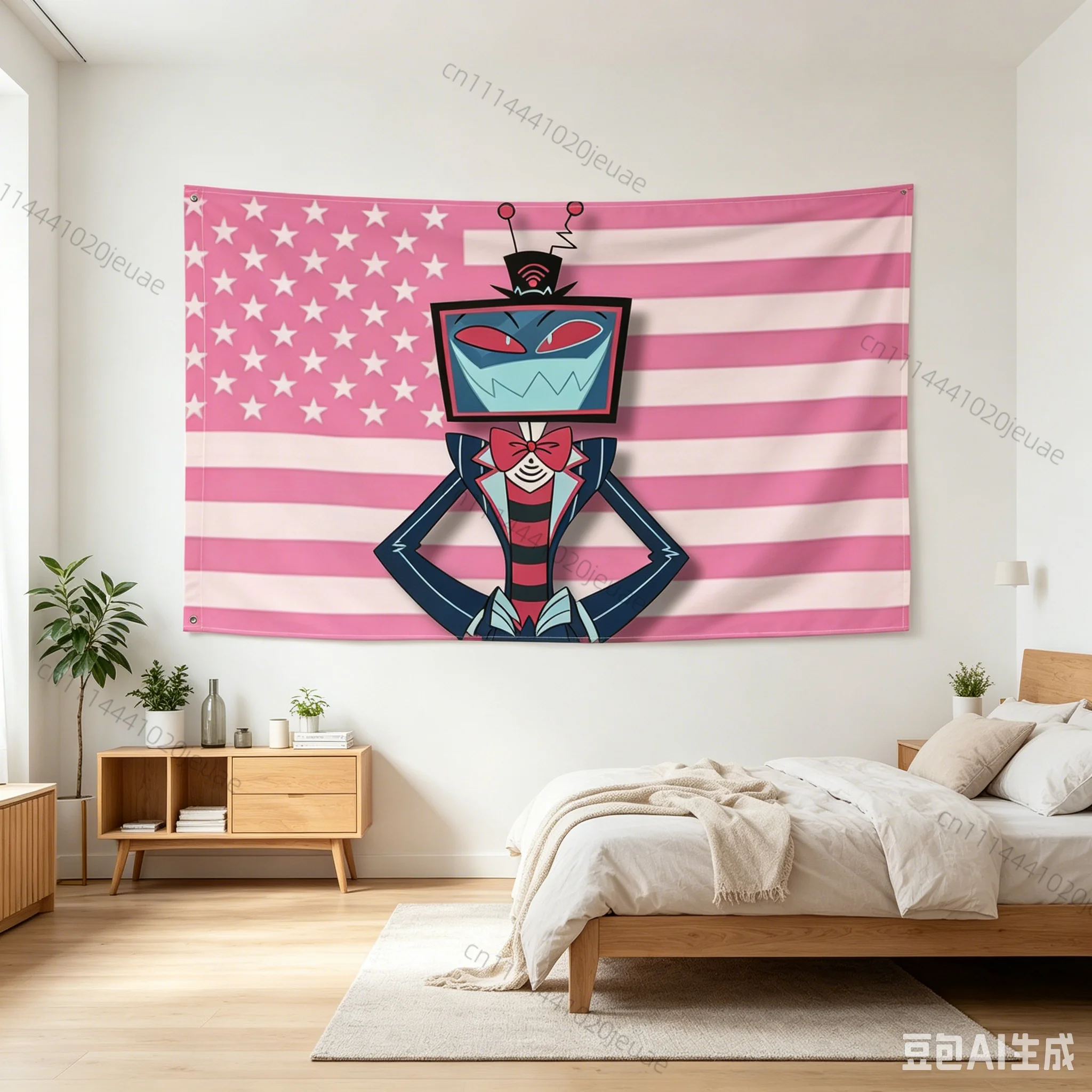 Creative Anime Pink American Flag Tapestry V-Vox Hazbin Wall Art Decor Bedroom Aesthetic Room Decor Background Cloth Fans Banner