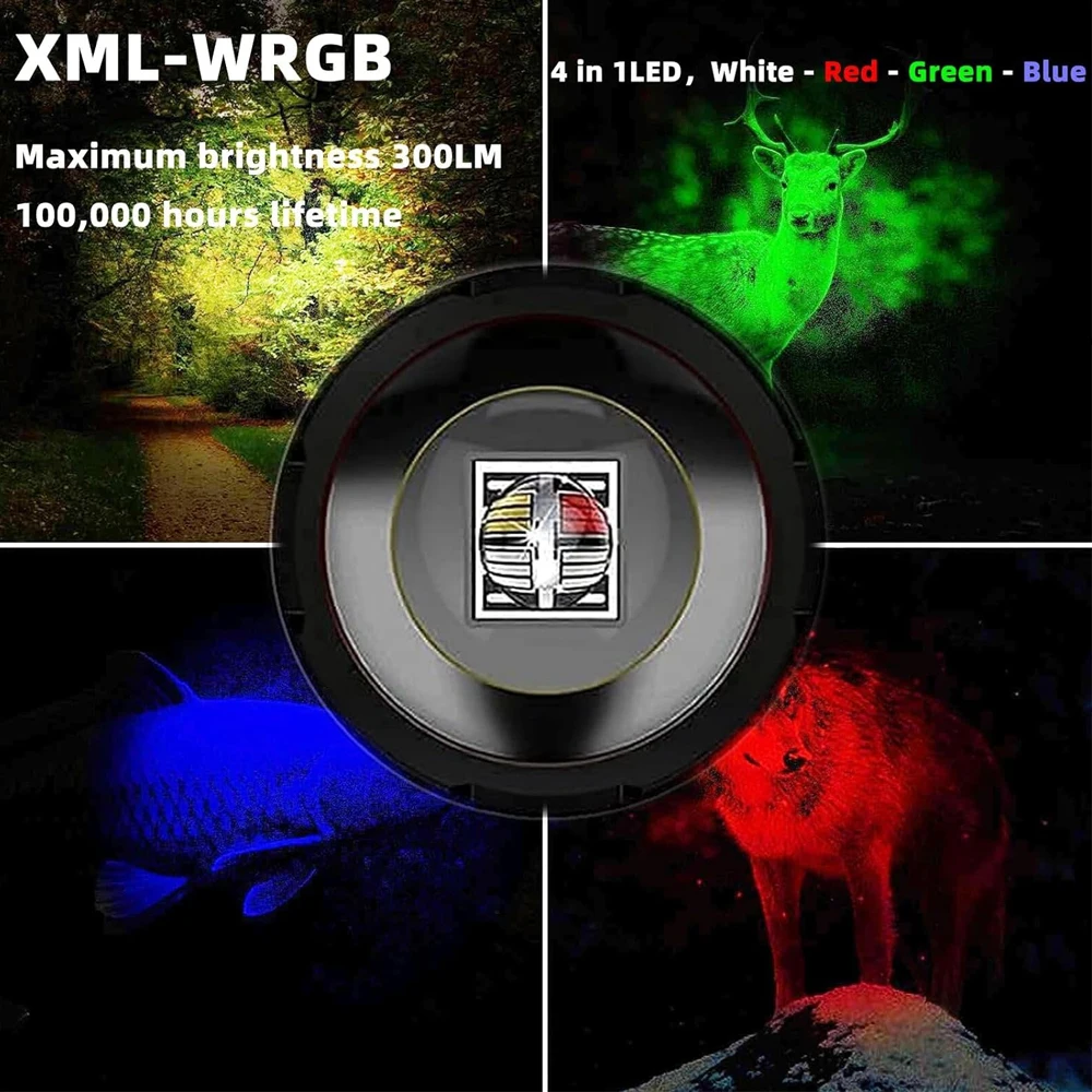 Upgraded Zoomable Red Flashlight, 4 Color in 1 Flash Light, Green Red Blue White Multi-Color RGBW Led with Memory for Fishing