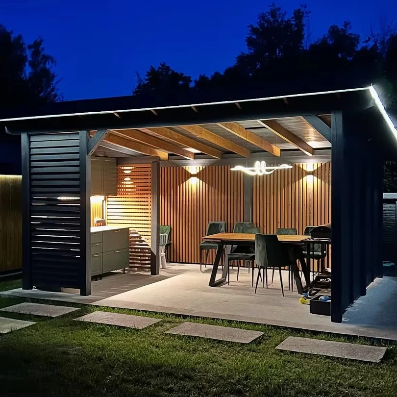 Gazebo de jardín de aluminio motorizado impermeable personalizado, cubierta de techo con persiana montada en dosel, cenador de pérgola motorizado