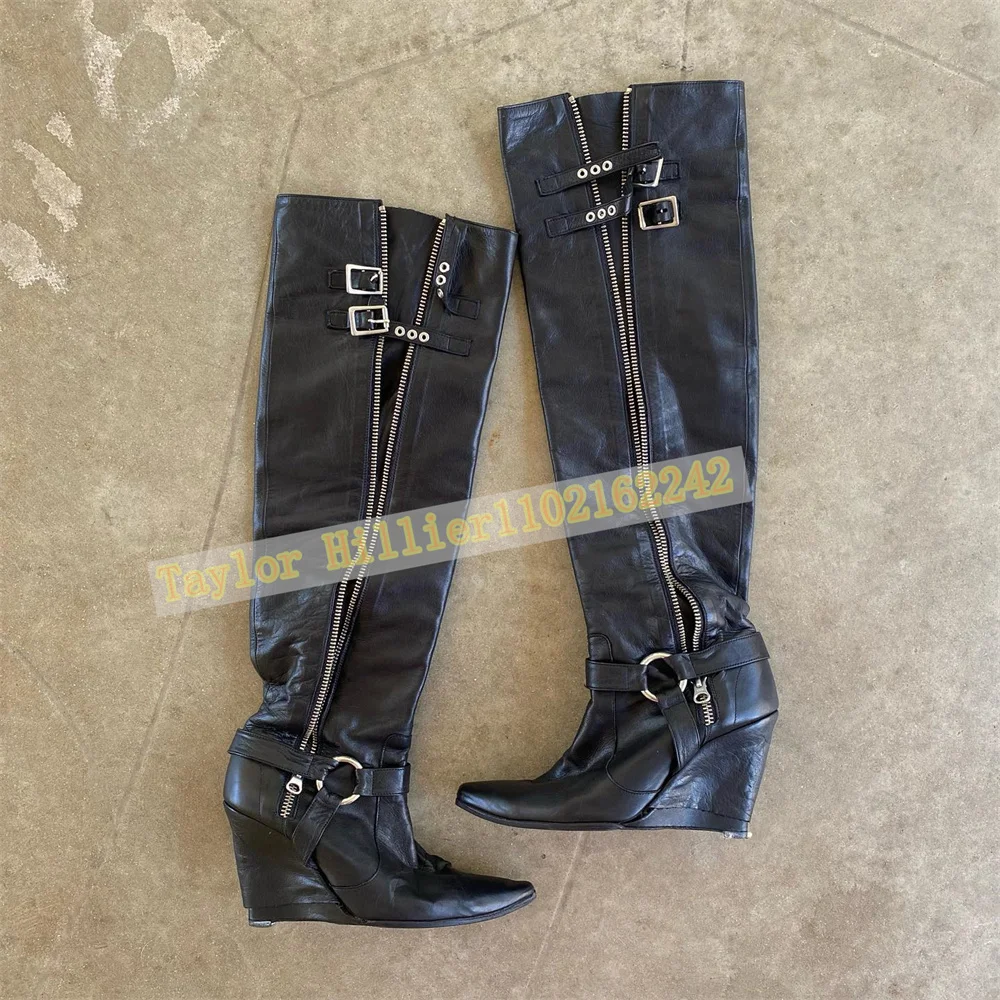 Women Black Over Knee Boots Pointed Toe Wedge Heel Thigh High Boots Side Zipper Buckle Strap Leather Long Fashion Party Shoes 46