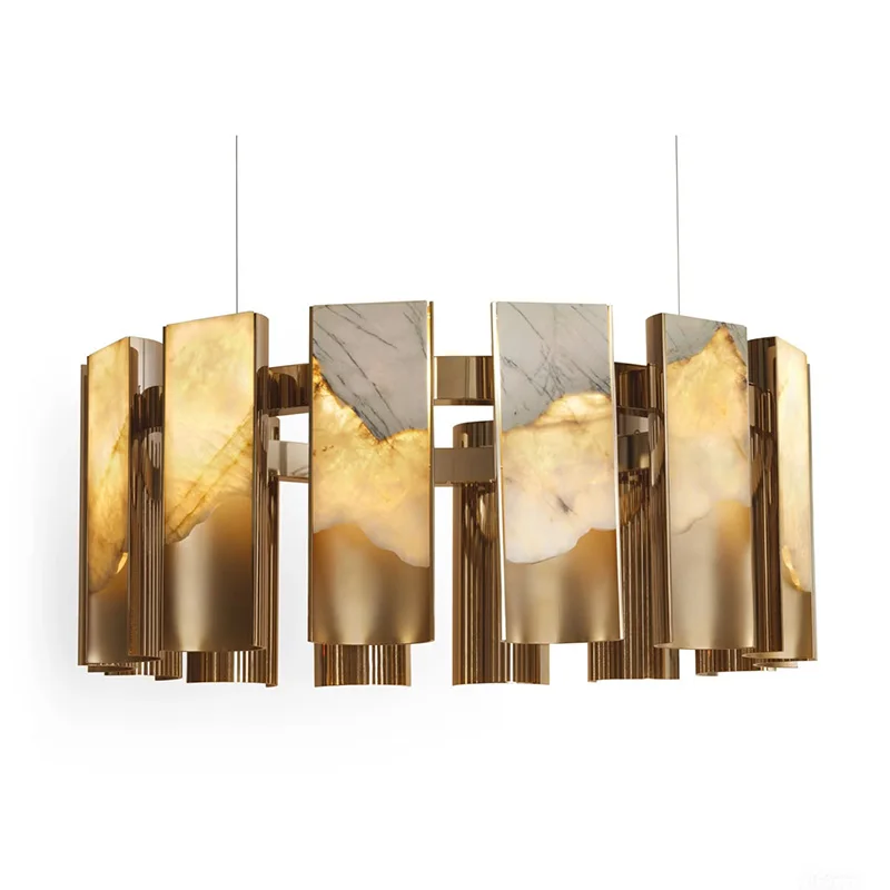 Brass Spanish Marble Luster Ceiling Pendant Light, Dimmable Chandelier, Suitable for Living Rooms