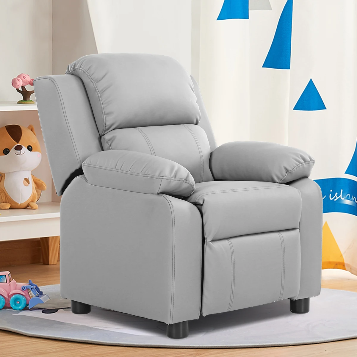 Deluxe Padded Kids Sofa Armchair Recliner Headrest Children w/ Storage Arms Gray